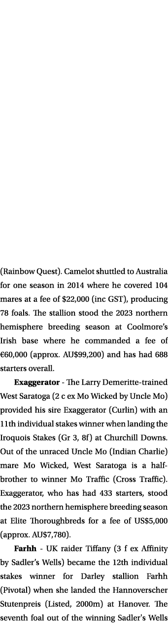 (Rainbow Quest). Camelot shuttled to Australia for one season in 2014 where he covered 104 mares at a fee of $22,000 ...