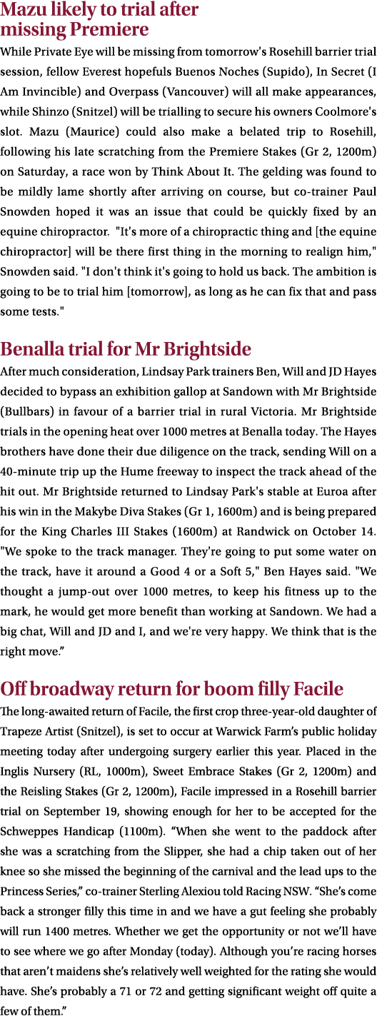Mazu likely to trial after missing Premiere While Private Eye will be missing from tomorrow's Rosehill barrier trial ...