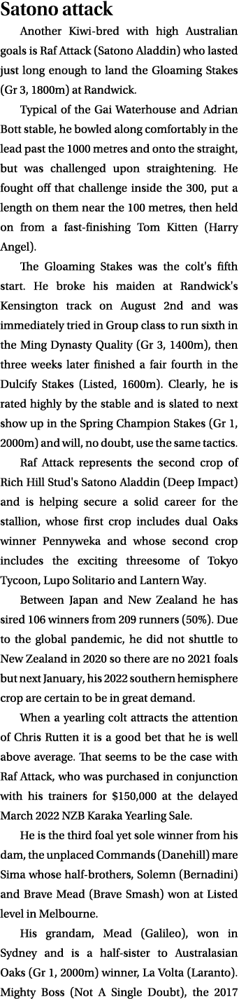 Satono attack Another Kiwi bred with high Australian goals is Raf Attack (Satono Aladdin) who lasted just long enough...