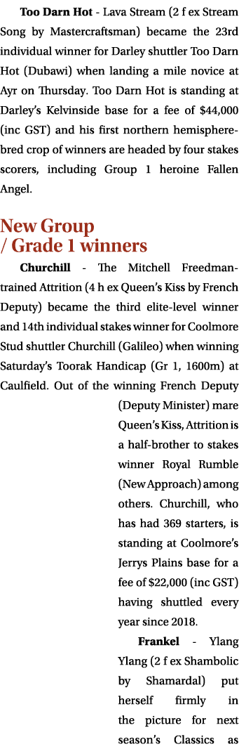 Too Darn Hot Lava Stream (2 f ex Stream Song by Mastercraftsman) became the 23rd individual winner for Darley shuttle...