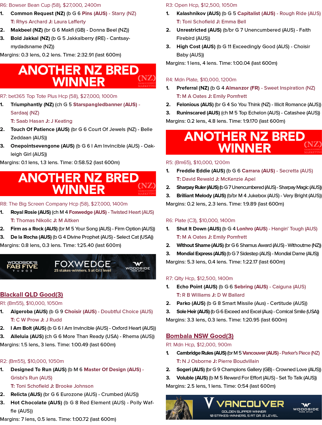 R6: Bowser Bean Cup (58), $27,000, 2400m 1. Common Request (NZ) (b G 6 Pins (AUS) Starry (NZ) T: Rhys Archard J: Laur...