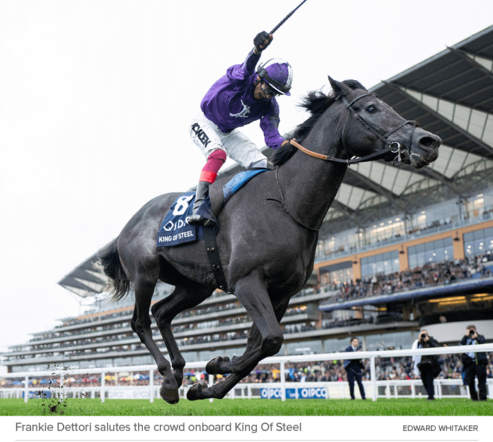 Frankie Dettori salutes the crowd onboard King Of Steel Edward Whitake