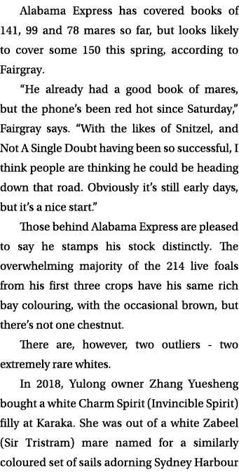 Alabama Express has covered books of 141, 99 and 78 mares so far, but looks likely to cover some 150 this spring, acc...