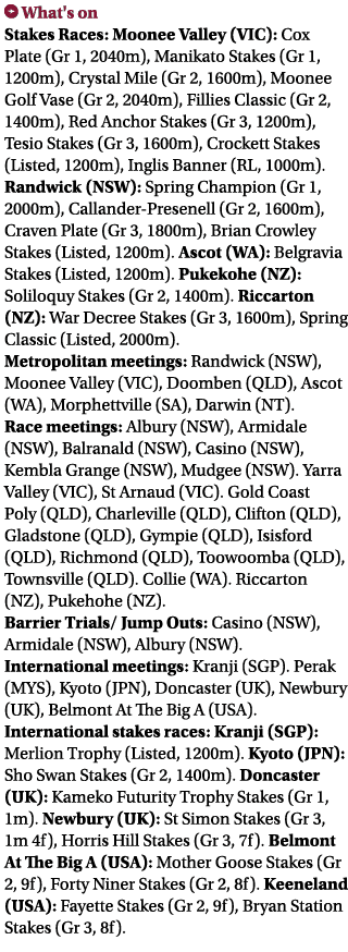 ￼ What's on Stakes Races: Moonee Valley (VIC): Cox Plate (Gr 1, 2040m), Manikato Stakes (Gr 1, 1200m), Crystal Mile (...