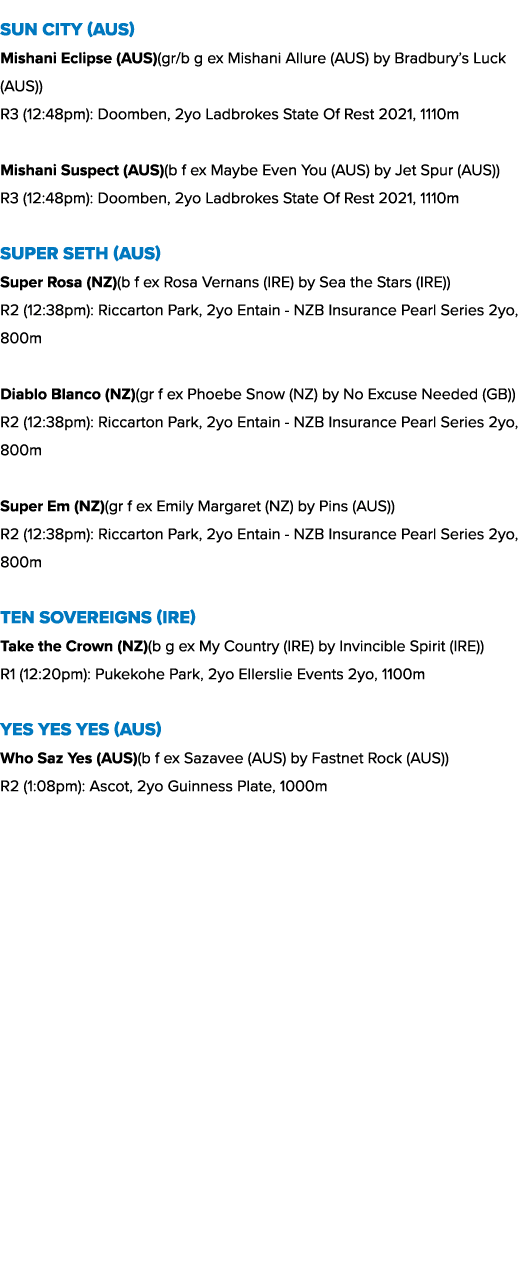 Sun City (AUS) Mishani Eclipse (AUS)(gr/b g ex Mishani Allure (AUS) by Bradbury’s Luck (AUS)) R3 (12:48pm): Doomben, ...