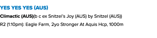 Yes Yes Yes (AUS) Climactic (AUS)(b c ex Snitzel’s Joy (AUS) by Snitzel (AUS)) R2 (1:10pm): Eagle Farm, 2yo Stronger ...