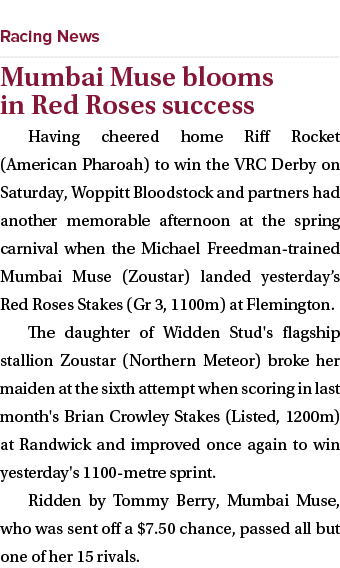  ￼ Mumbai Muse blooms in Red Roses success Having cheered home Riff Rocket (American Pharoah) to win the VRC Derby on...