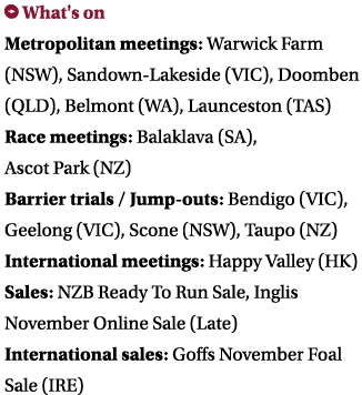 ￼ What's on Metropolitan meetings: Warwick Farm (NSW), Sandown Lakeside (VIC), Doomben (QLD), Belmont (WA), Launcesto...