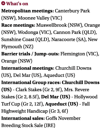 ￼ What's on Metropolitan meetings: Canterbury Park (NSW), Moonee Valley (VIC) Race meetings: Muswellbrook (NSW), Oran...