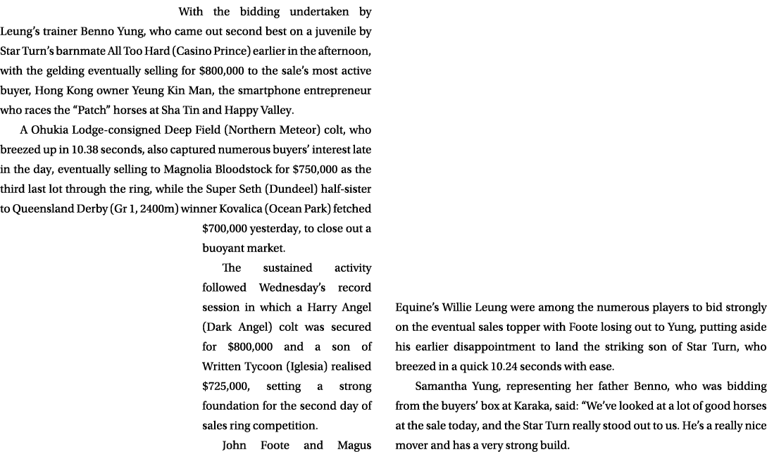 With the bidding undertaken by Leung’s trainer Benno Yung, who came out second best on a juvenile by Star Turn’s barn...
