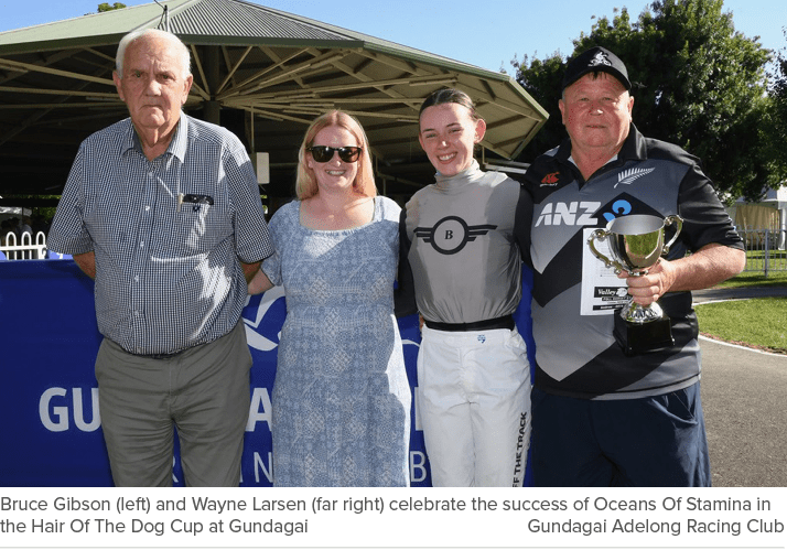 Bruce Gibson (left) and Wayne Larsen (far right) celebrate the success of Oceans Of Stamina in the Hair Of The Dog Cu...