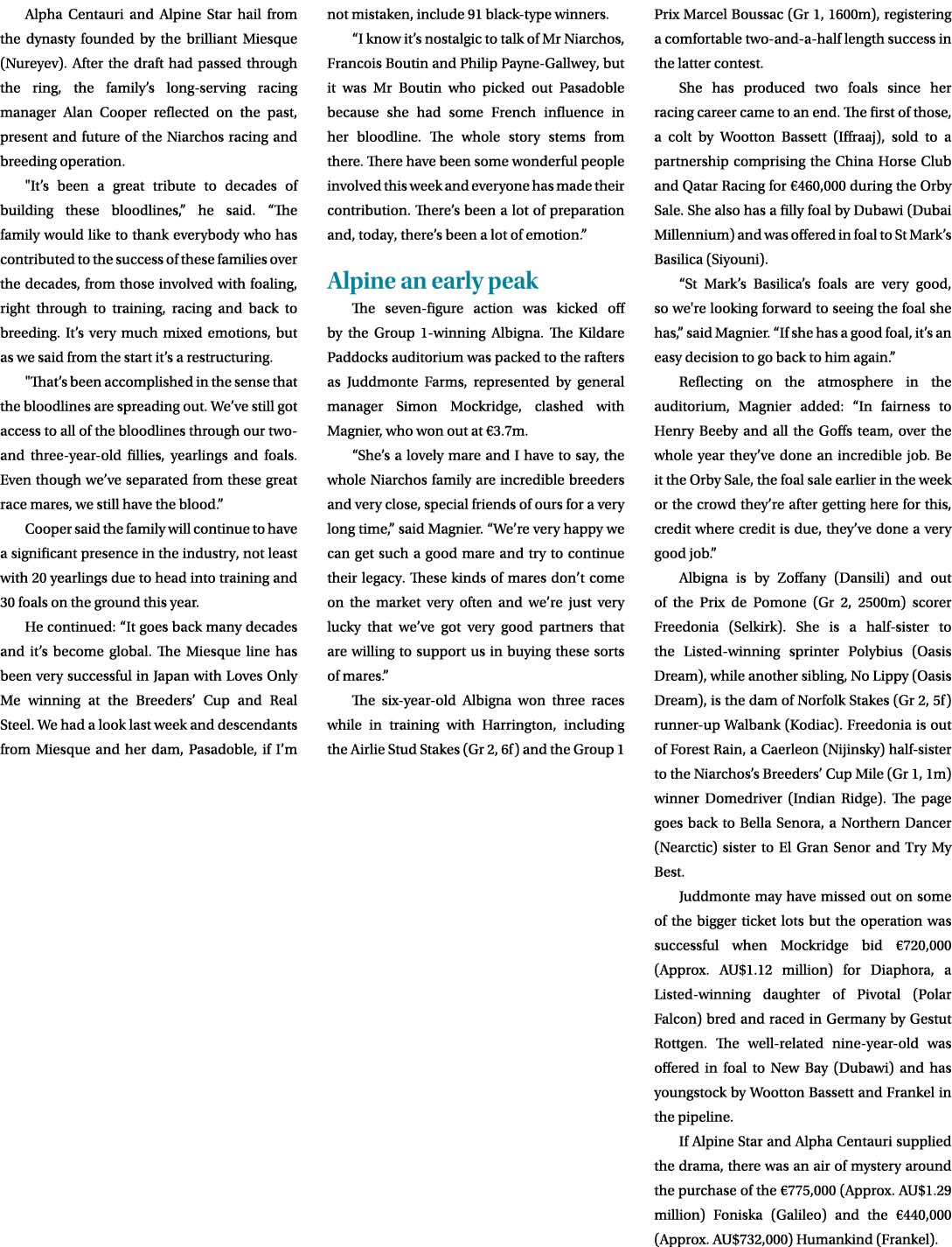 Alpha Centauri and Alpine Star hail from the dynasty founded by the brilliant Miesque (Nureyev). After the draft had ...