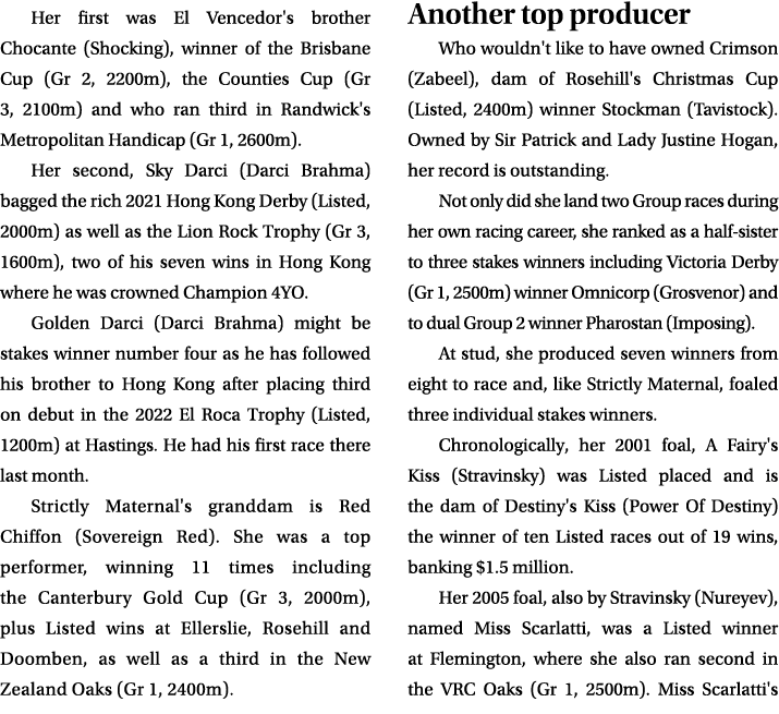 Her first was El Vencedor's brother Chocante (Shocking), winner of the Brisbane Cup (Gr 2, 2200m), the Counties Cup (...