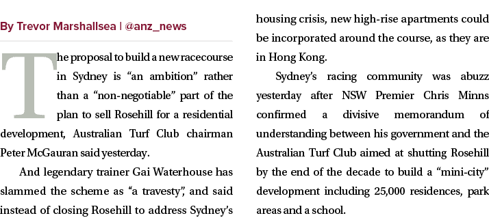 ￼ The proposal to build a new racecourse in Sydney is “an ambition” rather than a “non negotiable” part of the plan t...