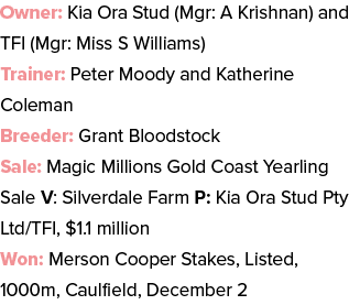 Owner: Kia Ora Stud (Mgr: A Krishnan) and TFI (Mgr: Miss S Williams) Trainer: Peter Moody and Katherine Coleman Breed...