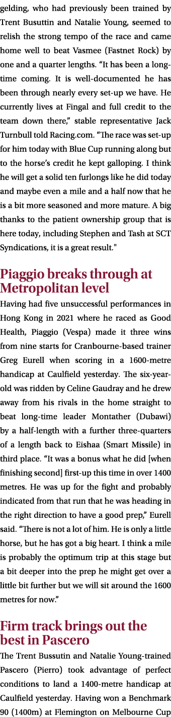 gelding, who had previously been trained by Trent Busuttin and Natalie Young, seemed to relish the strong tempo of th...