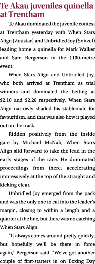 Te Akau juveniles quinella at Trentham Te Akau dominated the juvenile contest at Trentham yesterday with When Stars A...