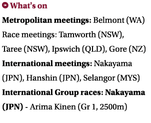 ￼ What's on Metropolitan meetings: Belmont (WA) Race meetings: Tamworth (NSW), Taree (NSW), Ipswich (QLD), Gore (NZ) ...