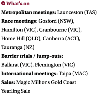 ￼ What's on Metropolitan meetings: Launceston (TAS) Race meetings: Gosford (NSW), Hamilton (VIC), Cranbourne (VIC), H...