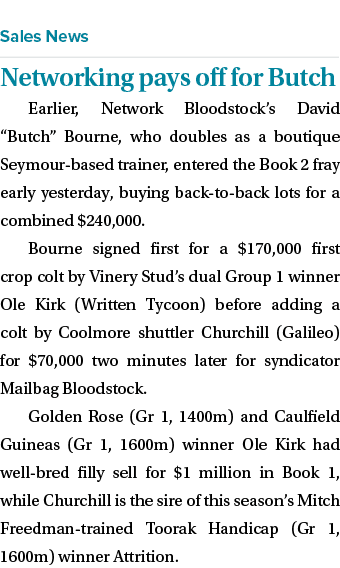  ￼ Networking pays off for Butch Earlier, Network Bloodstock’s David “Butch” Bourne, who doubles as a boutique Seymou...