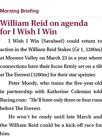  ￼ William Reid on agenda for I Wish I Win I Wish I Win (Savabeel) could return to action in the William Reid Stakes ...