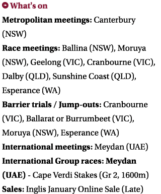 ￼ What's on Metropolitan meetings: Canterbury (NSW) Race meetings: Ballina (NSW), Moruya (NSW), Geelong (VIC), Cranbo...