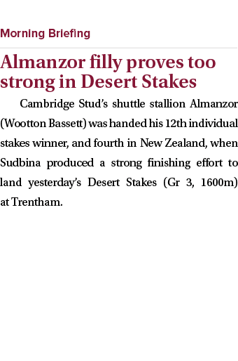  ￼ Almanzor filly proves too strong in Desert Stakes Cambridge Stud’s shuttle stallion Almanzor (Wootton Bassett) was...