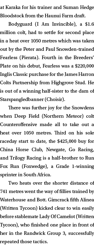 at Karaka for his trainer and Suman Hedge Bloodstock from the Haunui Farm draft. Bodyguard (I Am Invincible), a $1.6 ...