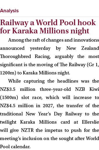  ￼ Railway a World Pool hook for Karaka Millions night Among the raft of changes and innovations announced yesterday ...