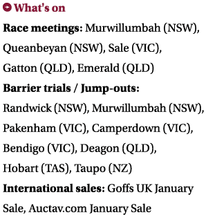 ￼ What's on Race meetings: Murwillumbah (NSW), Queanbeyan (NSW), Sale (VIC), Gatton (QLD), Emerald (QLD) Barrier tria...