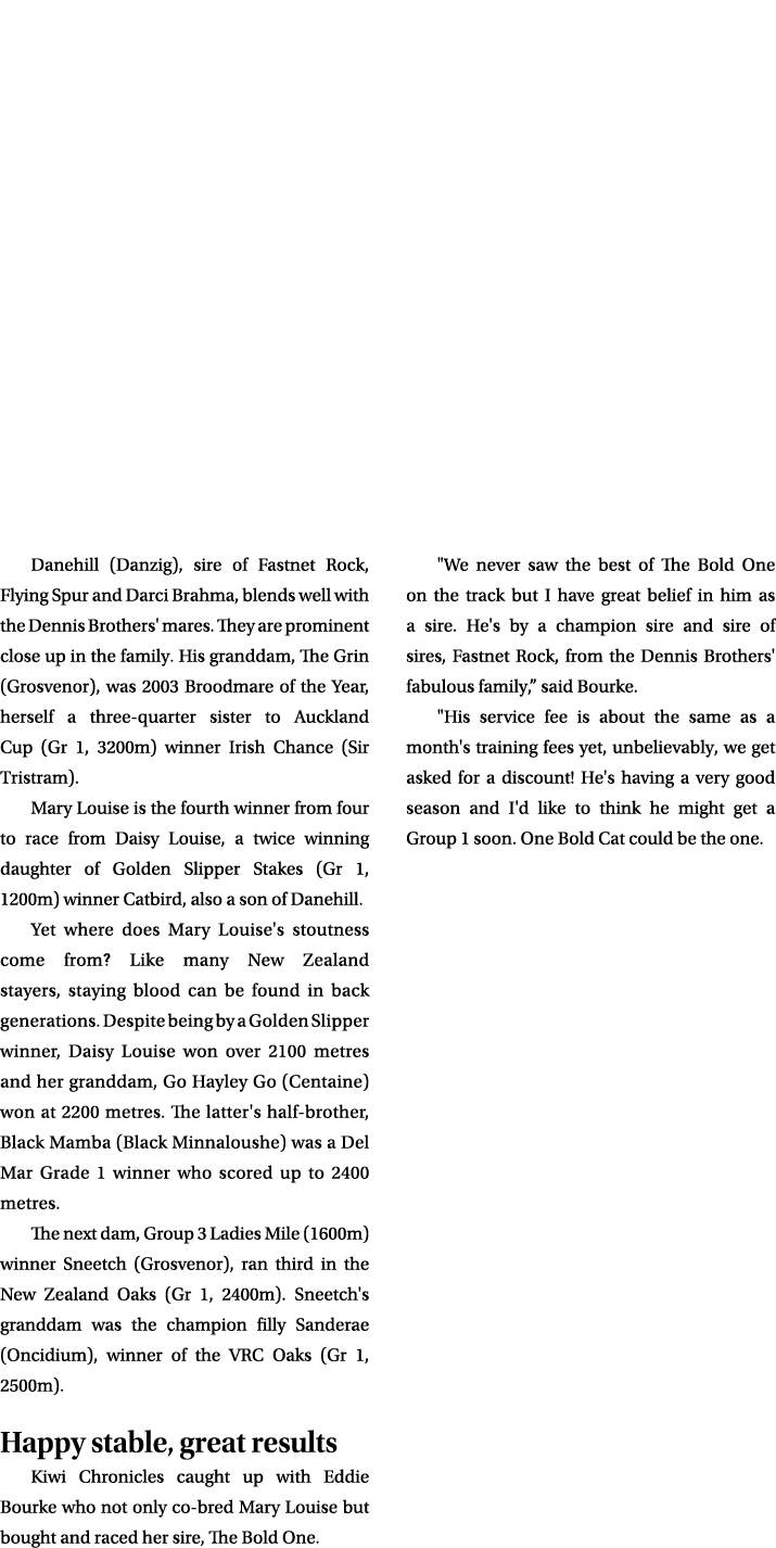 Danehill (Danzig), sire of Fastnet Rock, Flying Spur and Darci Brahma, blends well with the Dennis Brothers' mares. T...