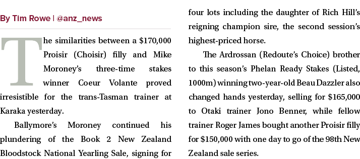 ￼ The similarities between a $170,000 Proisir (Choisir) filly and Mike Moroney’s three time stakes winner Coeur Volan...