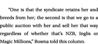 “One is that the syndicate retains her and breeds from her; the second is that we go to a public auction with her and...