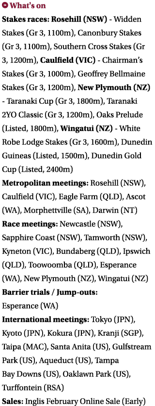 ￼ What's on Stakes races: Rosehill (NSW) Widden Stakes (Gr 3, 1100m), Canonbury Stakes (Gr 3, 1100m), Southern Cross ...