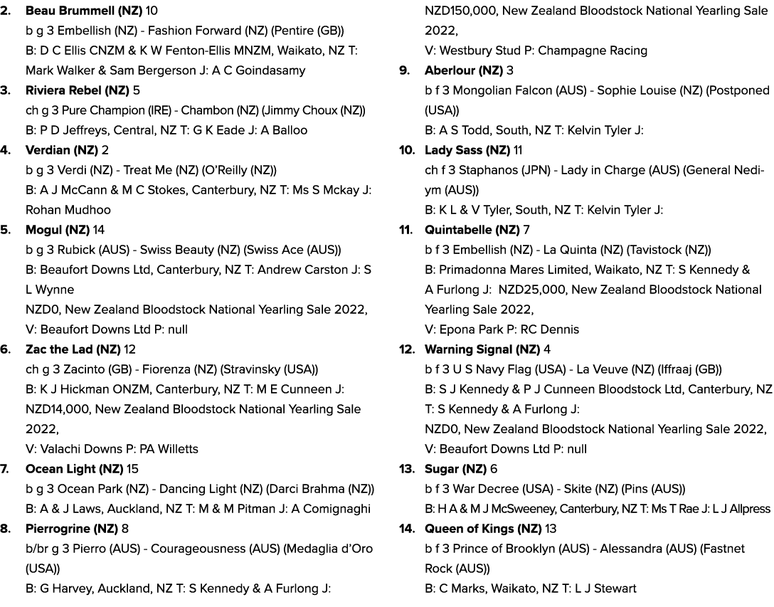 2. Beau Brummell (NZ) 10 b g 3 Embellish (NZ) Fashion Forward (NZ) (Pentire (GB)) B: D C Ellis CNZM & K W Fenton Elli...