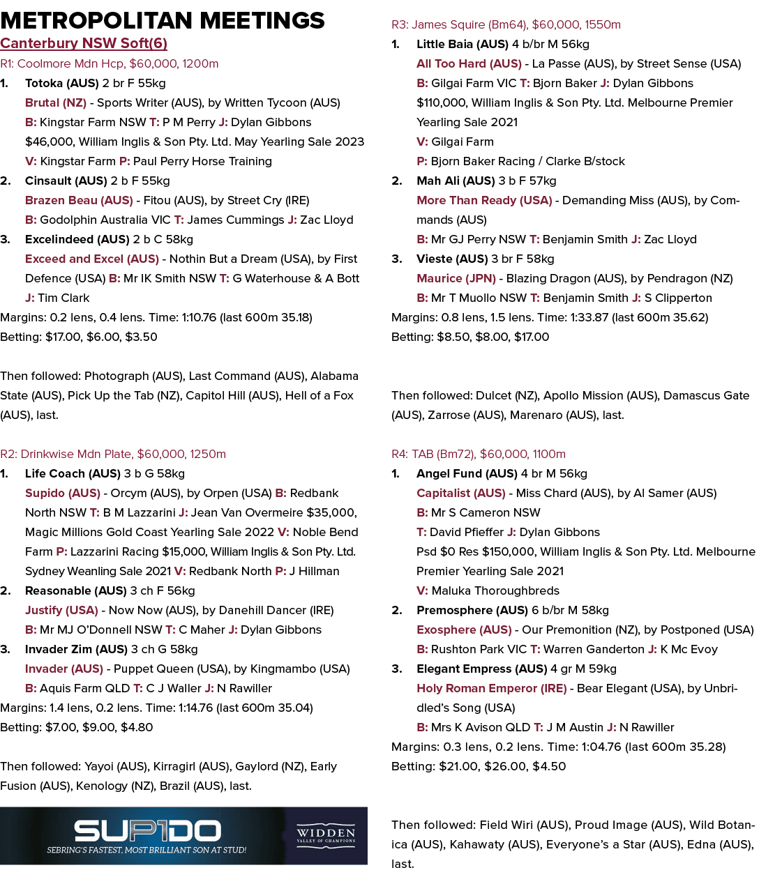 Metropolitan Meetings Canterbury NSW Soft(6) R1: Coolmore Mdn Hcp, $60,000, 1200m 1. Totoka (AUS) 2 br F 55kg Brutal ...