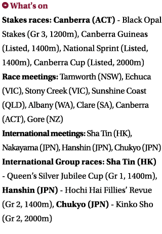 ￼ What's on Stakes races: Canberra (ACT) Black Opal Stakes (Gr 3, 1200m), Canberra Guineas (Listed, 1400m), National ...