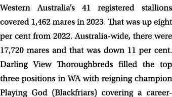 Western Australia’s 41 registered stallions covered 1,462 mares in 2023. That was up eight per cent from 2022. Austra...