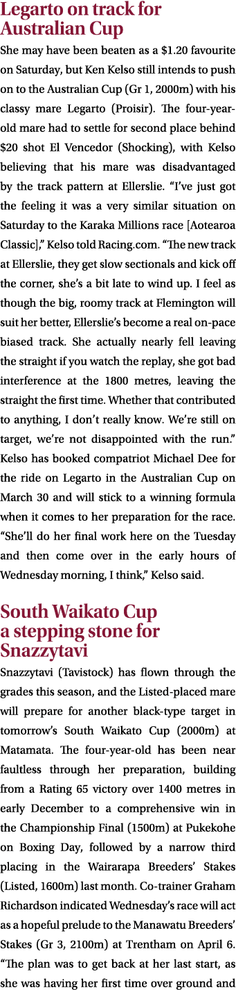 Legarto on track for Australian Cup She may have been beaten as a $1.20 favourite on Saturday, but Ken Kelso still in...