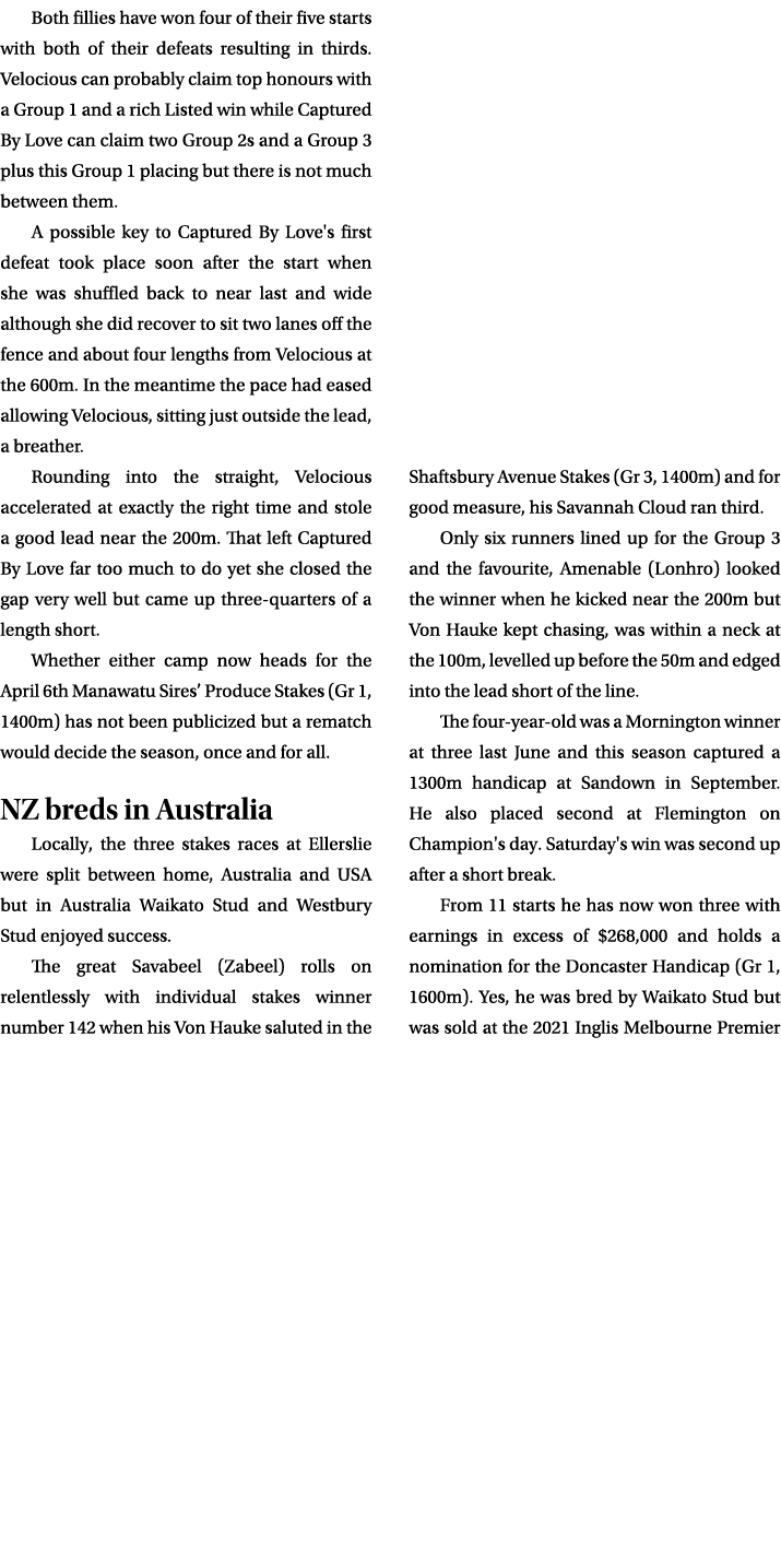 Both fillies have won four of their five starts with both of their defeats resulting in thirds. Velocious can probabl...