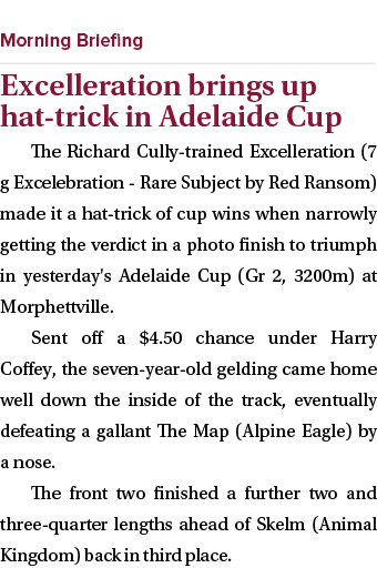  ￼ Excelleration brings up hat trick in Adelaide Cup The Richard Cully trained Excelleration (7 g Excelebration Rare ...