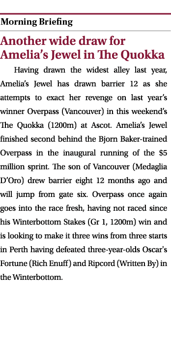  ￼ Another wide draw for Amelia’s Jewel in The Quokka Having drawn the widest alley last year, Amelia’s Jewel has dra...