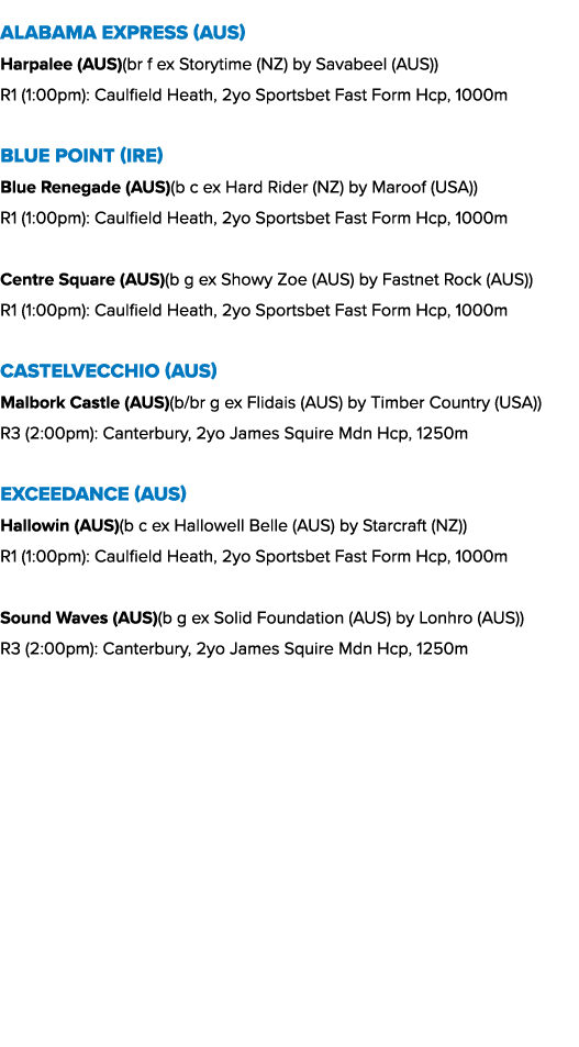 Alabama Express (AUS) Harpalee (AUS)(br f ex Storytime (NZ) by Savabeel (AUS)) R1 (1:00pm): Caulfield Heath, 2yo Spor...