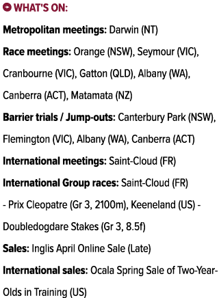 ￼ What's on: Metropolitan meetings: Darwin (NT) Race meetings: Orange (NSW), Seymour (VIC), Cranbourne (VIC), Gatton ...