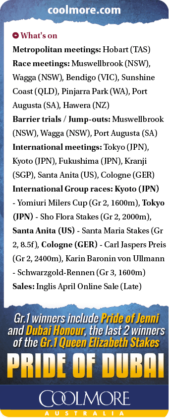 ￼ What's on Metropolitan meetings: Hobart (TAS) Race meetings: Muswellbrook (NSW), Wagga (NSW), Bendigo (VIC), Sunshi...