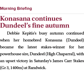  ￼ Konasana continues Dundeel’s fine autumn Debbie Kepitis’s busy autumn continued when her homebred Konasana (Dundee...