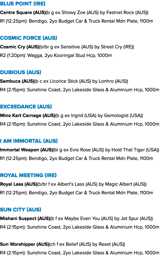 Blue Point (IRE) Centre Square (AUS)(b g ex Showy Zoe (AUS) by Fastnet Rock (AUS)) R1 (12:25pm): Bendigo, 2yo Budget ...