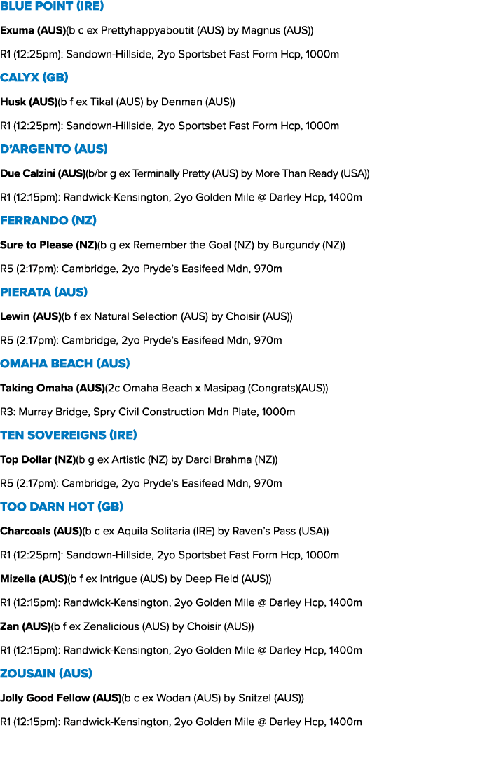 Blue Point (IRE) Exuma (AUS)(b c ex Prettyhappyaboutit (AUS) by Magnus (AUS)) R1 (12:25pm): Sandown Hillside, 2yo Spo...