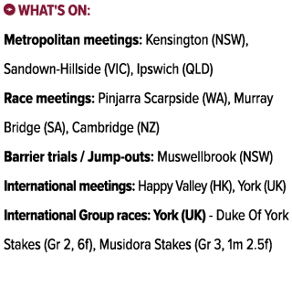 ￼ What's on: Metropolitan meetings: Kensington (NSW), Sandown Hillside (VIC), Ipswich (QLD) Race meetings: Pinjarra S...