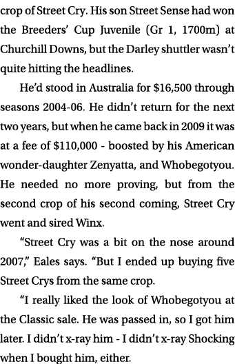 crop of Street Cry. His son Street Sense had won the Breeders’ Cup Juvenile (Gr 1, 1700m) at Churchill Downs, but the...